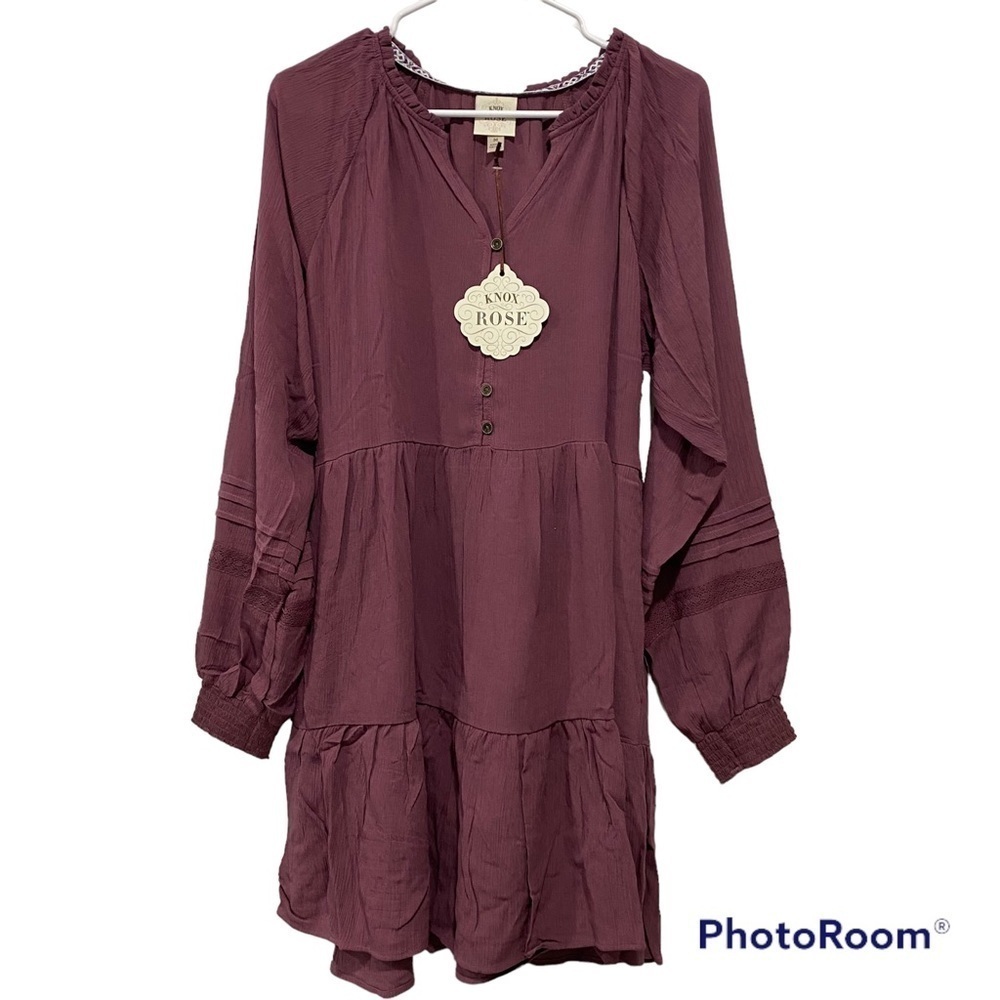 Women’s Long Balloon Sleeve Mini Tiered Dress - Knox Rose Dark Melrose Size M - Picture 4 of 10